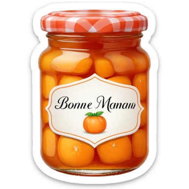 Bonne Maman orange marmalade jar, glass jar with red and white checkered lid, orange jam, handwritten label, cute emoji style sticker