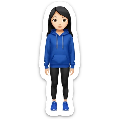 A pretty white/asian tanned girl with medium long strait dark brown almost black hair wearing a royal blue hoodie and black leggings pretty tan sticker
