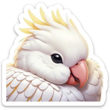 Meme-Worthy Cute Sleeping Cockatoo Portrait Emoji, Head resting peacefully with a contented smile, showcasing a softly feathered body with a gently drooping crest and eyes closed in serene slumber, Simplified yet adorably endearing features, highly detailed, glowing with a soft, drowsy tropical light, high shine, relaxed and utterly lovable, stylized with an air of playful laziness, soft glowing outline, capturing the essence of a sleeping cockatoo that feels destined to become the next viral icon of adorable rest! sticker