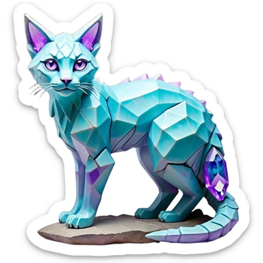This fascinating hybrid creature combines the rocky ferocity of Boulderbite with the mystical elegance of Etherfeline. The result is a creature with a core body composed of angular, faceted stones in varying shades of turquoise, pink and gray. From the cracks between these stones emanates a soft blue ethereal glow. It has the general shape of a feline, but with crystalline rock formations creating its limbs and body. Its large, expressive eyes feature purple irises with amber outer rings, giving it a hypnotic gaze. The creature sports pointed ears lined with purple crystal formations, and a tuft of blue flame-like energy flows from its head and along its spine. Its tail is a flexible chain of smaller rocks wrapped in the same ethereal blue energy. When it opens its mouth, sharp crystalline teeth are revealed, though its expression is more mysterious than threatening. Small whisker-like energy tendrils extend from its muzzle, occasionally emitting tiny ice crystals. full body sticker