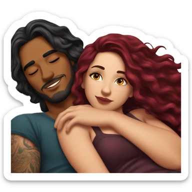 Beautiful tattooed burgundy long haired woman laying on her boyfriends chest sticker