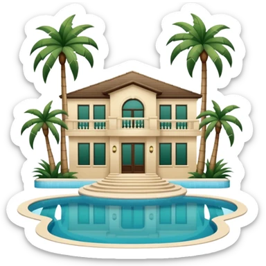 light beige luxury villa with dark green palm trees and swimming pool, angled view, emoji style sticker