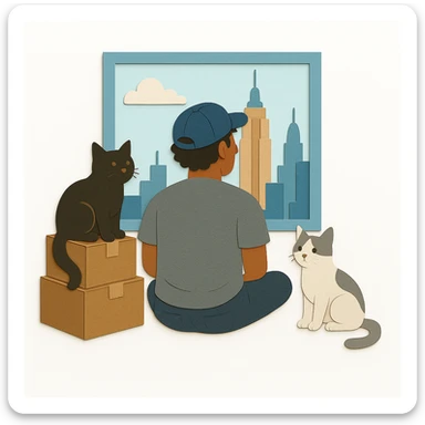 Edit the image to have one cat white and gray, the other cat dark brown and black. The man should have medium length curly hair and be wearing a cap. Keep the NYC apartment moving scene and overall style consistent. sticker