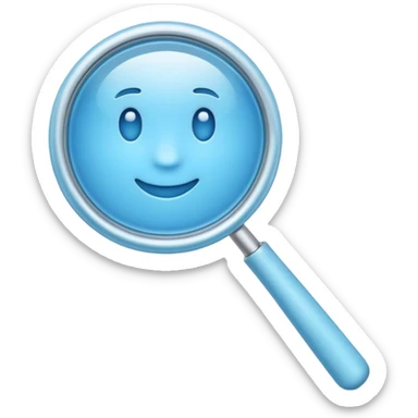 A 3D emoji-style magnifying glass, smooth rounded shapes, soft gradient blue ring, glossy plastic material, subtle highlights and reflections, simple minimal design, pastel blue color, slightly thick proportions, soft lighting, clean white background, modern emoji aesthetic, centered composition sticker
