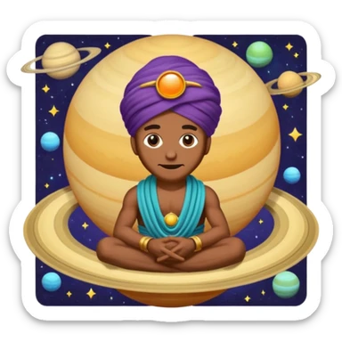 A bold emoji-style illustration with Saturn 🪐 as the dominant element, clearly showing its bright rings. Inside the planet, a stylized man wearing a colorful turban 👳🏾‍♂️, depicted as a mystical or adventurous character, sitting or floating within Saturn, integrated with the planet’s texture. . sticker