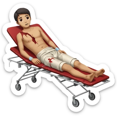 a man of oriental appearance, dressed in torn clothes, full length, in a prone position, with injuries on a medical stretcher, 1980 sticker