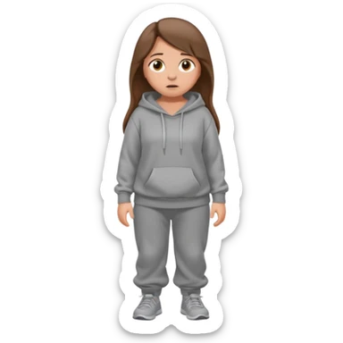 Chica grande  asustada de cuerpo completo mirado a la izquierda con pelo castaño largo y piel blanca  pantalones baggy  grises y hoodie gris  sticker