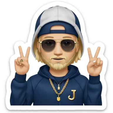 The French rapper Jul. Light skin, trimmed beard, dark navy tracksuit with hood, backwards cap, black sunglasses. Blond hair. both index and middle fingers pointing downward, forming a "J and L" shape. Gold chain and a smirk. Look evoke a Marseille urban vibe. sticker