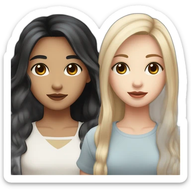 Couple white skin girl with black eyes and light brown long hair with a fish face like dressed in white with white girl with middle length black hair blue eyes very androgynous dressed in red sticker