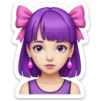 girl with bangs and purple hair and pink hairbow on the side of head and earrings sticker