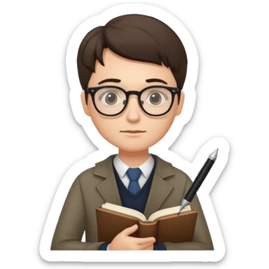 writer holding pen and book, wearing glasses sticker