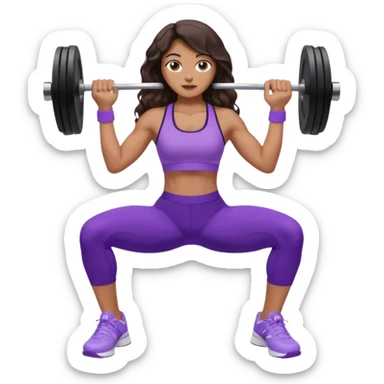 mujer de tez trigueña, con cabello castaño oscuro ondulado con pequeñas ondas, con el cabello super largo hasta las rodillas estilizado, con ropa deportiva morada/lila, tenis blancos deportivos y levantando una pesa sticker