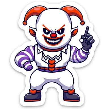 full-body muscular demonic clown, battle-ready, black and white leisure suit with bellbottom pants, bald, black ram horns, flashy black and white belt, ruffled white shirt, no neck tie, large fangs, holding very large futuristic rifle sticker