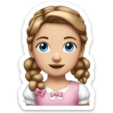 Little white girl with blue eyes and bronze hair in two ponytails with two bows. A pink pacificer in her mouth. She is wearing a pink and White dress and holding a teddybear. sticker