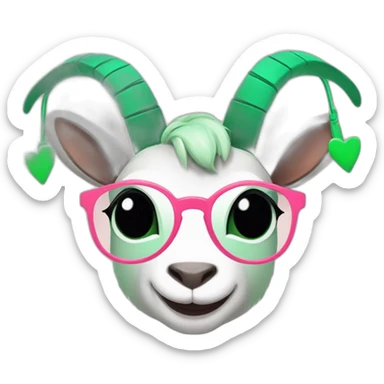 a cartoon goat with mint green round glasses and a green dress with a black heart on it and rosy cheeks, and brownish-pink horns, and some ears that hang of the side sticker