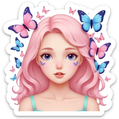 Gorgeous pastel lady with blushing face and butterflies aesthetic trending style sticker