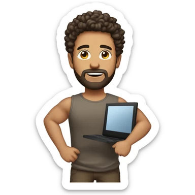tall men carrying a computer in his hands. light brown skin men with curly dark brown hair, brown eyes, little grown beard. imposing, bit muscular build. dressed casual. sticker