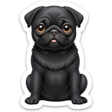 cinematic-[black pug]-realistic-full-body-sitting-emoji,-tail-resting-loosely-beside-its-paws,-head-tilted-dramatically, -sleek-[black]-fur,-simplified-yet-realistic-focused-features,-highly-detailed,-glowing-with-an-almost-sarcastic-glow sticker