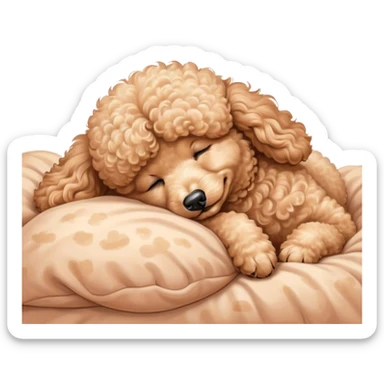 Meme-Worthy Cute Sleeping Apricot Poodle Portrait Emoji, Head resting peacefully with a contented smile, showcasing a delightfully elegant build and a luxuriously soft, curly apricot Fur, eyes shut in a serene nap, Simplified yet hilariously adorable features, highly detailed, glowing with a soft, drowsy light, high shine, relaxed and utterly lovable, stylized with an air of playful laziness, bright and heartwarming, soft glowing outline, capturing the essence of a comically sleepy companion, so meme-worthy it feels like it could instantly become the next viral sensation of adorable slumber! sticker
