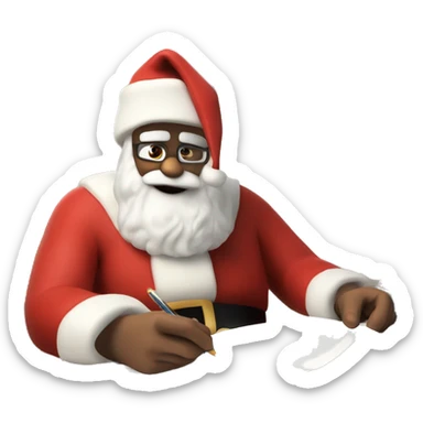Father Christmas is sitting on a desk, writing something down on a sheet of paper, solving complicated math puzzles  sticker