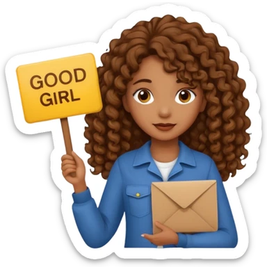 A girl with medium brown skin and long curly holding a sign saying good girl sticker