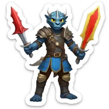 Dragonborn fighter with twin swords  with red blades and yellow Handels and blue scales  sticker