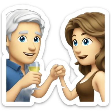 white man with blue eyes and grey hair toasting with a white wine with a white woman with brown eyes and blond hair sticker