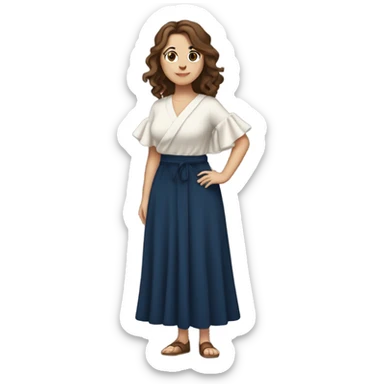 White girl with brown hair dark blue ruffle sleeve wrap dress full body hands on hips sticker