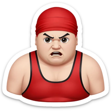 Close-up of white skin fat guy with prominent black durag, completely shaved face, no beard or mustache, black eyes in a red and black wrestling singlet with angry face sticker