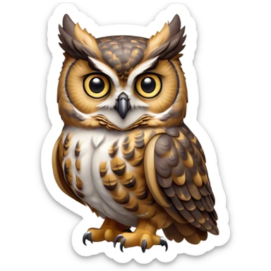 Cinematic Cute Great Horned Owl Portrait Emoji, Head tilted playfully and inquisitively, featuring a lush mottled Fur with intricate patterns of gray and white, round, sparkling golden eyes filled with curious wonder, Simplified yet irresistibly adorable features, highly detailed, glowing with a warm, friendly glow, high shine, affectionate and wise, stylized with a touch of nocturnal whimsy, bright and endearing, soft glowing outline, capturing the essence of a mischievous yet loving owl, so playful it feels like it could glide out of the screen and perch in your arms! sticker