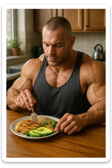 muscular bodybuilder eating a meal rich in proteins, carbohydrates, and good fats, realistic environment, detailed, 2:3 aspect ratio sticker