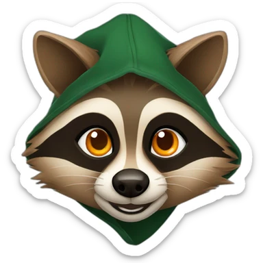 brown raccoon with orange eyes and a dark green hood that smile sticker