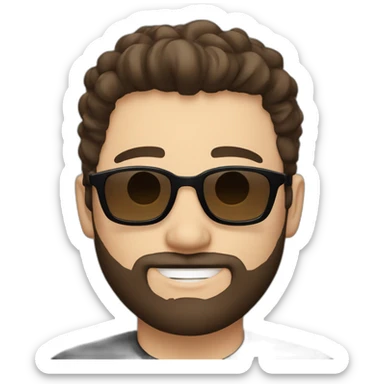 person short dark brown hair, goatee style beard with sunglasses. White background, simple black tshirt. smiling. white skin sticker