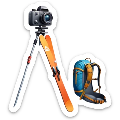 Icon for Mountain Tourism: a snowy peak with skis, a snowboard, climbing equipment, a backpack and a camera. The icon should represent the adventure and excitement of mountain travel and outdoor exploration. Transparent background. sticker