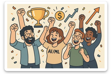 groupe de développeurs IA/ML heureux, levant les bras en signe de victoire, entourés de symboles de réussite comme trophée, confettis, graphiques en hausse, style cartoon dynamique sticker