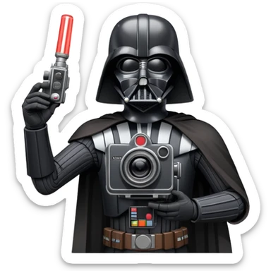 A cel-shaded illustration in the style of Borderlands, featuring Darth Vader holding a retro film camera instead of a lightsaber. Use bright, high contrast and bold outlines. No background, transparent. sticker