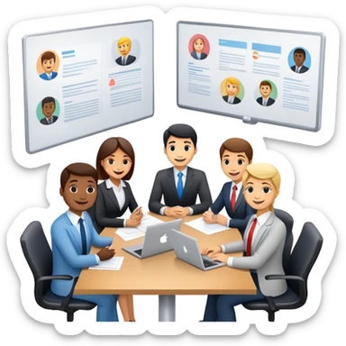 business executives sitting around a conference table with papers and laptops sticker
