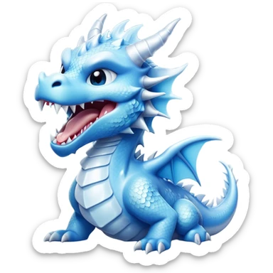 Cinematic Cute Yawning Beautiful Ice Dragon Portrait Emoji, Head tilted slightly with a dramatic, wide-open yawn, revealing a softly crystalline body with subtly drooping, frost-laden scales in cool blues and silvery hues, each detail rendered with natural icy finesse; high shine, relaxed yet elegant, styled with a dash of enchanted winter charm, soft glowing outline, capturing the essence of a sleepy yet graceful ice drake ready to stretch out and melt into a serene, frozen slumber! sticker