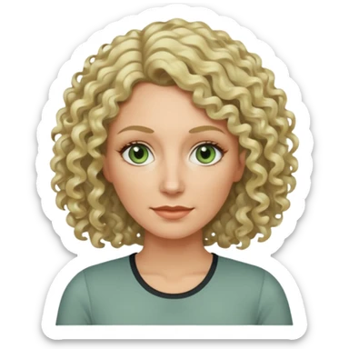 a woman in her late 40s and has greyish greenish eyes and blonde curly hair wearing a grafic top# sticker
