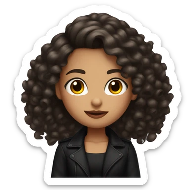 brunette girl with curly hair below her shoulders in a black jacket and a black top and a black long skirt and a red manicure and a daring look sticker