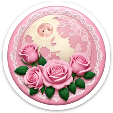 A round pink button with light cream damask lace, a full moon and pink roses in the center sticker