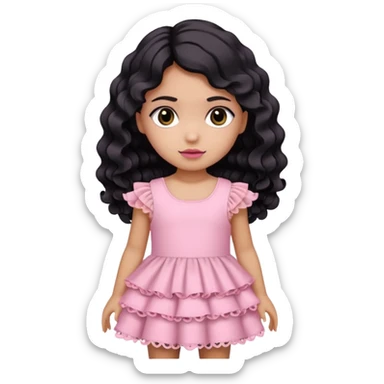 Una niña con un vestido rosa pastel con volados y encajes con cabello negro medio ondulado y dos moños como accesorio de cabello. ojos negros  sticker