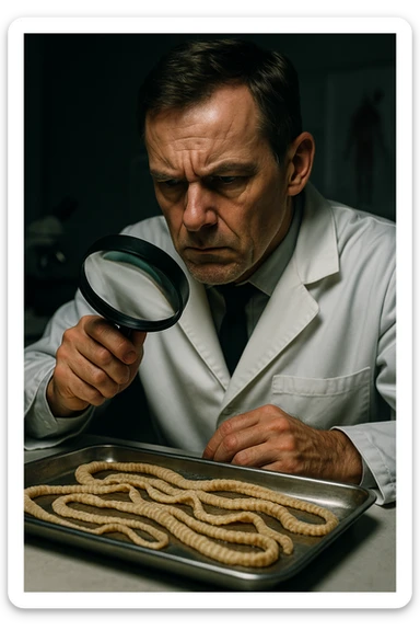 A middle-aged male kinesiologist wearing a pristine white lab coat, intensely analyzing long, beige tapeworms (like Taenia) under a magnifying glass. His expression is focused and slightly concerned, with dramatic studio lighting casting sharp shadows. The parasites are highly detailed, moist, and textured, stretched across a sterile metal tray. The background is blurred but suggests a clinical environment—hints of a microscope, medical charts, and clean lab equipment. The style is hyper-realistic, with a cinematic contrast between the bright white coat and the grotesque, organic forms of the parasites. No sci-fi elements, just raw medical realism with a disturbing edge sticker