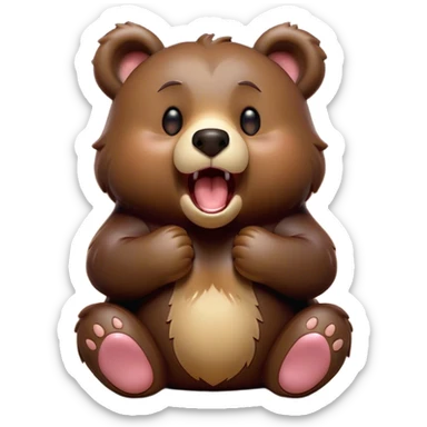 Cinematic Cute Yawning Bear Portrait Emoji, Head tilted slightly with a dramatic, wide-open yawn, showcasing a soft, plush dark brown fur with drooping ears, round eyes barely open in drowsy contentment, Simplified yet irresistibly adorable features, highly detailed, glowing with a soft, cozy glow, high shine, relaxed yet expressive, stylized with a touch of woodland charm, bright and endearing, soft glowing outline, capturing the essence of a sleepy yet affectionate bear, so drowsy it feels like it could lumber out of the screen and curl up for a nap! sticker