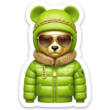 geometric bearbrick wearing lime balaclava with brand logos, continuous horizontal visor sunglasses as one piece across entire face, no eye division, luxury puffy down jacket with fur collar, heavy gold chains sticker
