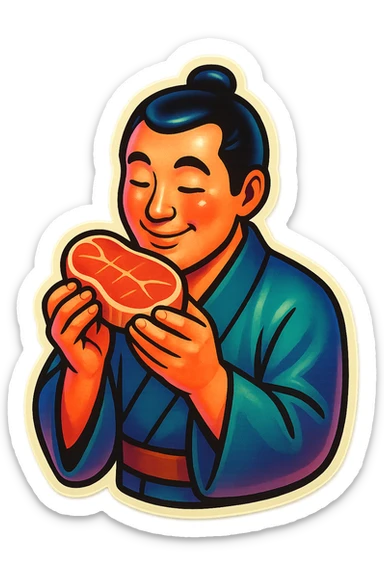 A Japanese man in traditional kimono with a loving look holds a steak in his hands, preparing to eat it sticker