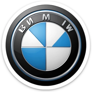 A clean, circular car logo inspired by BMW, with a black outer ring, inner circle divided into four equal quadrants, alternating blue and white colors, bold white letters on the black ring, glossy finish, minimal background, high resolution, professional automotive logo style sticker