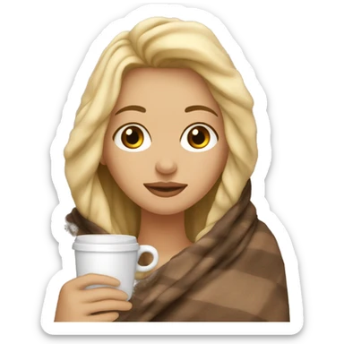 girl inside a blanket sipping coffee eyes closed blonde hair tan skin  sticker