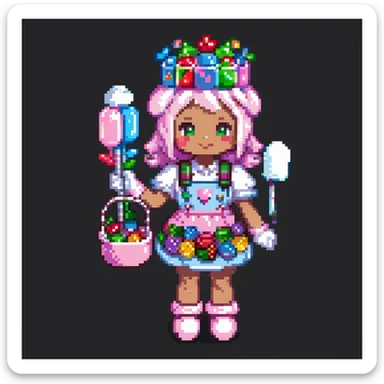 Portrait of a baker dressed in pink candy-themed clothes, gummy bears on his sleeves, rock candy crown, marshmallow gloves, skeuomorphism style sticker