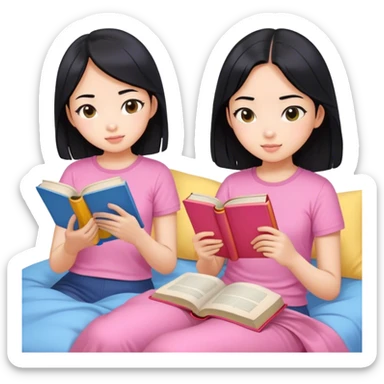 two asian girls black hair on the bed pink and yellow top reading blue books sticker